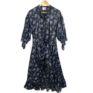 Cinq A Sept Halette Midi Wrap Dress Size 2 Black Blue Floral